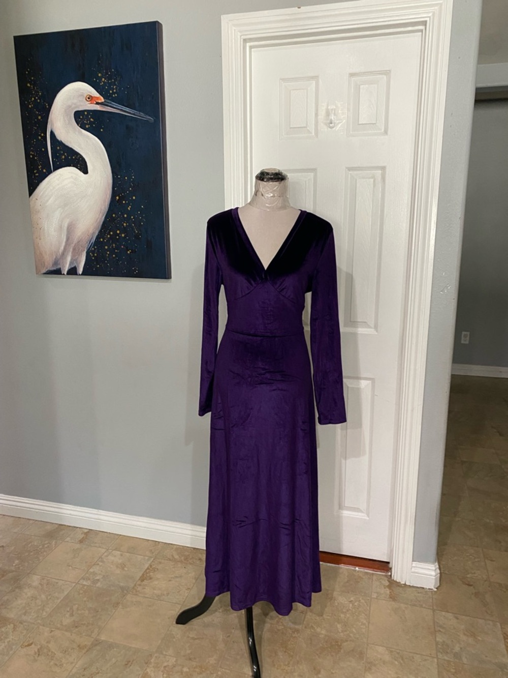 New Women XL Purple Velvet V-neck Stretchy Longsleeve Maxi Dress - Picture 5 of 8